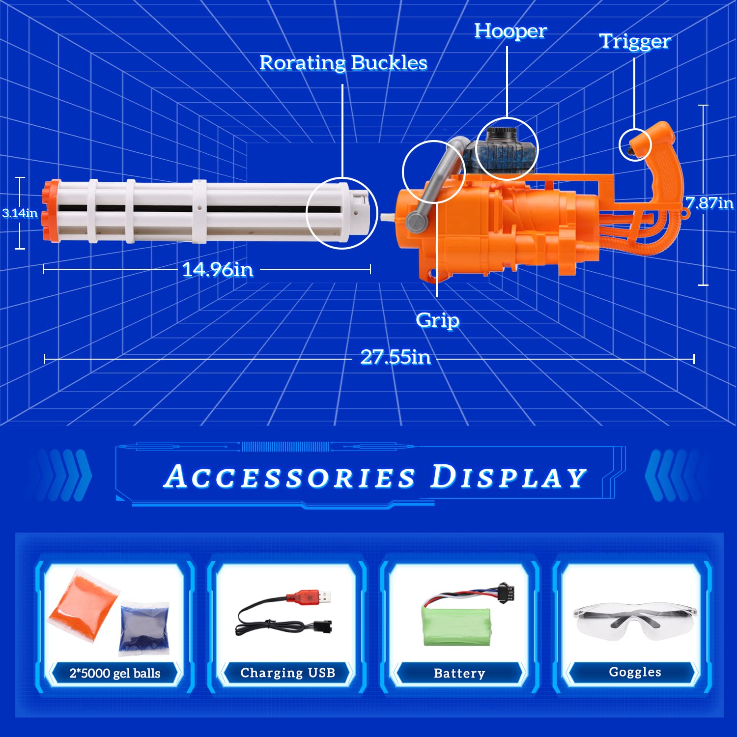 Gel Ball Blaster M134 Electric Splatter Blaster with Rotating Barrel Christmas Gifts Kwolfswan